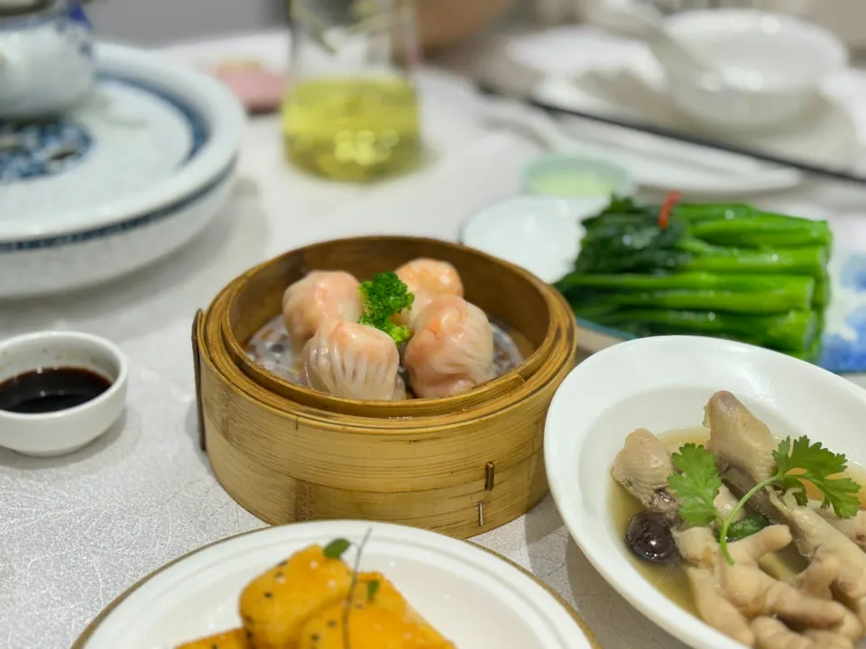 Dim sum in a bamboo steamer